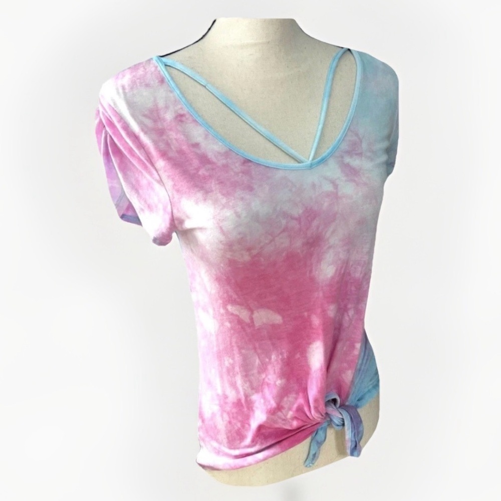 Women’s Tie-Dye Short Sleeve T-Shirt Soft Pastel Pink Blue V-Neck summer hippie